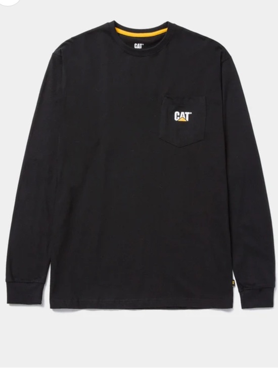 Caterpillar Black Long Sleeve Pocket Tee with Yellow Accent